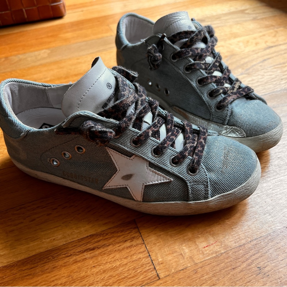 Golden Goose Denim and Leopard Superstar Low Top Sneakers